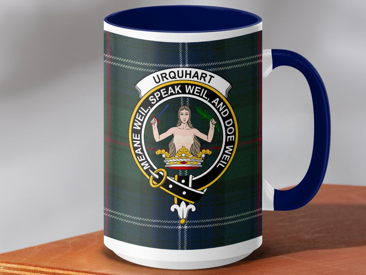 Physical Item 15oz / Dark Blue Urquhart Clan Scottish Tartan Crest Mug