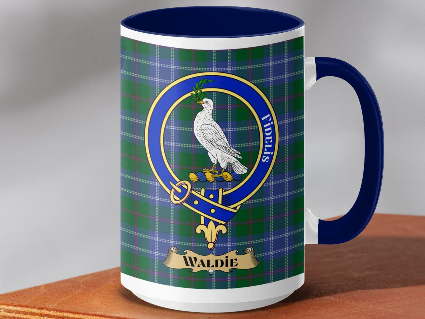 Physical Item 15oz / Dark Blue Waldie Clan Scottish Tartan Crest Mug