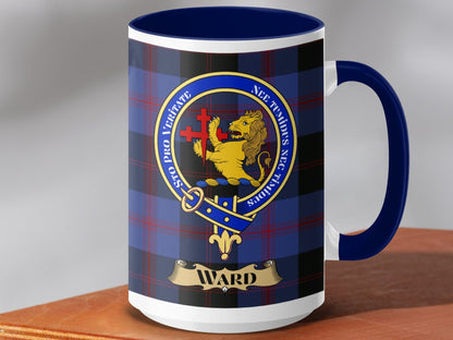 Physical Item 15oz / Dark Blue Ward Clan Scottish Tartan Crest Mug