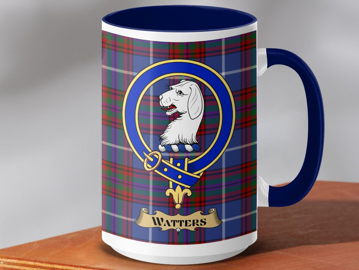 Physical Item 15oz / Dark Blue Watters Clan Scottish Tartan Crest Mug