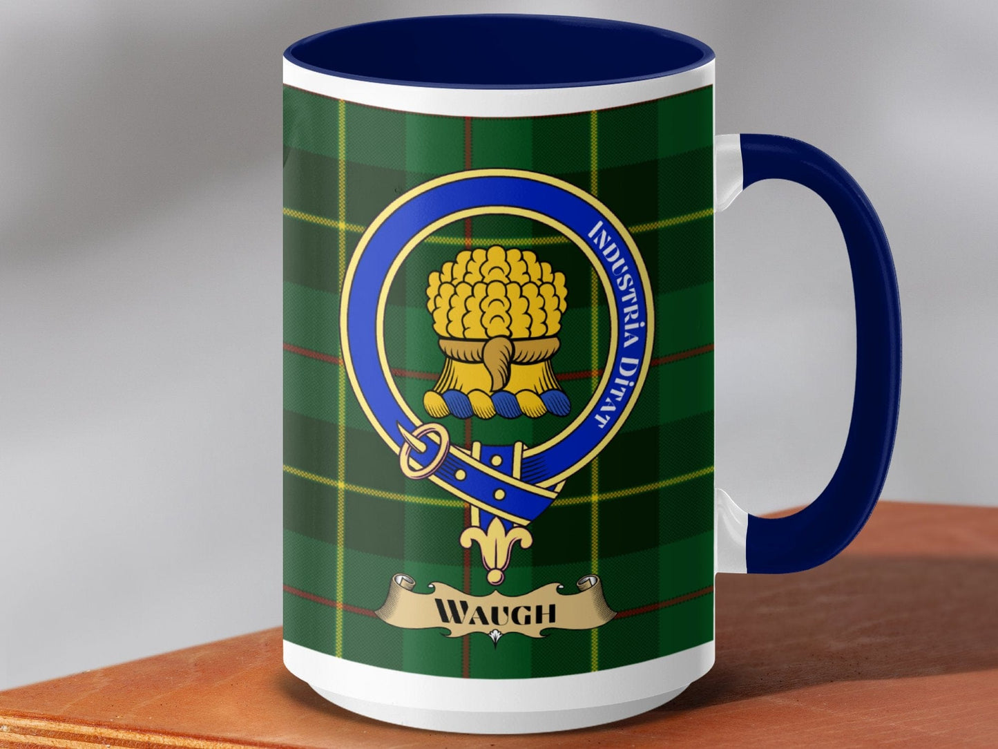 Physical Item 15oz / Dark Blue Waugh Clan Scottish Tartan Crest Mug