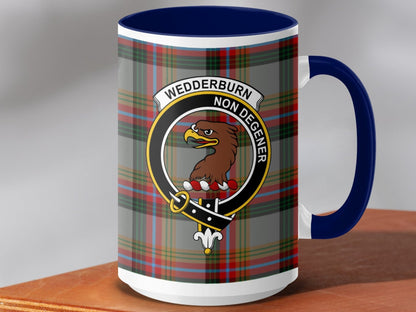 Physical Item 15oz / Dark Blue Wedderburn Clan Scottish Tartan Crest Mug