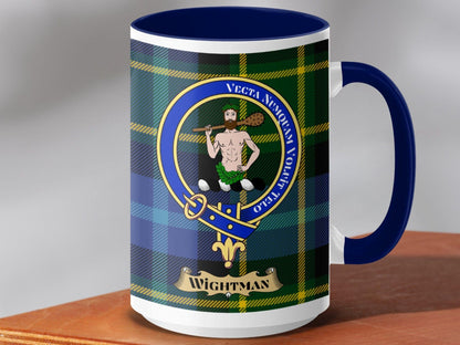 Physical Item 15oz / Dark Blue Wightman Clan Scottish Tartan Crest Mug
