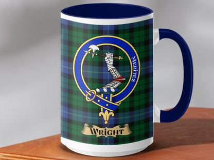 Physical Item 15oz / Dark Blue Wright Clan Scottish Tartan Crest Mug