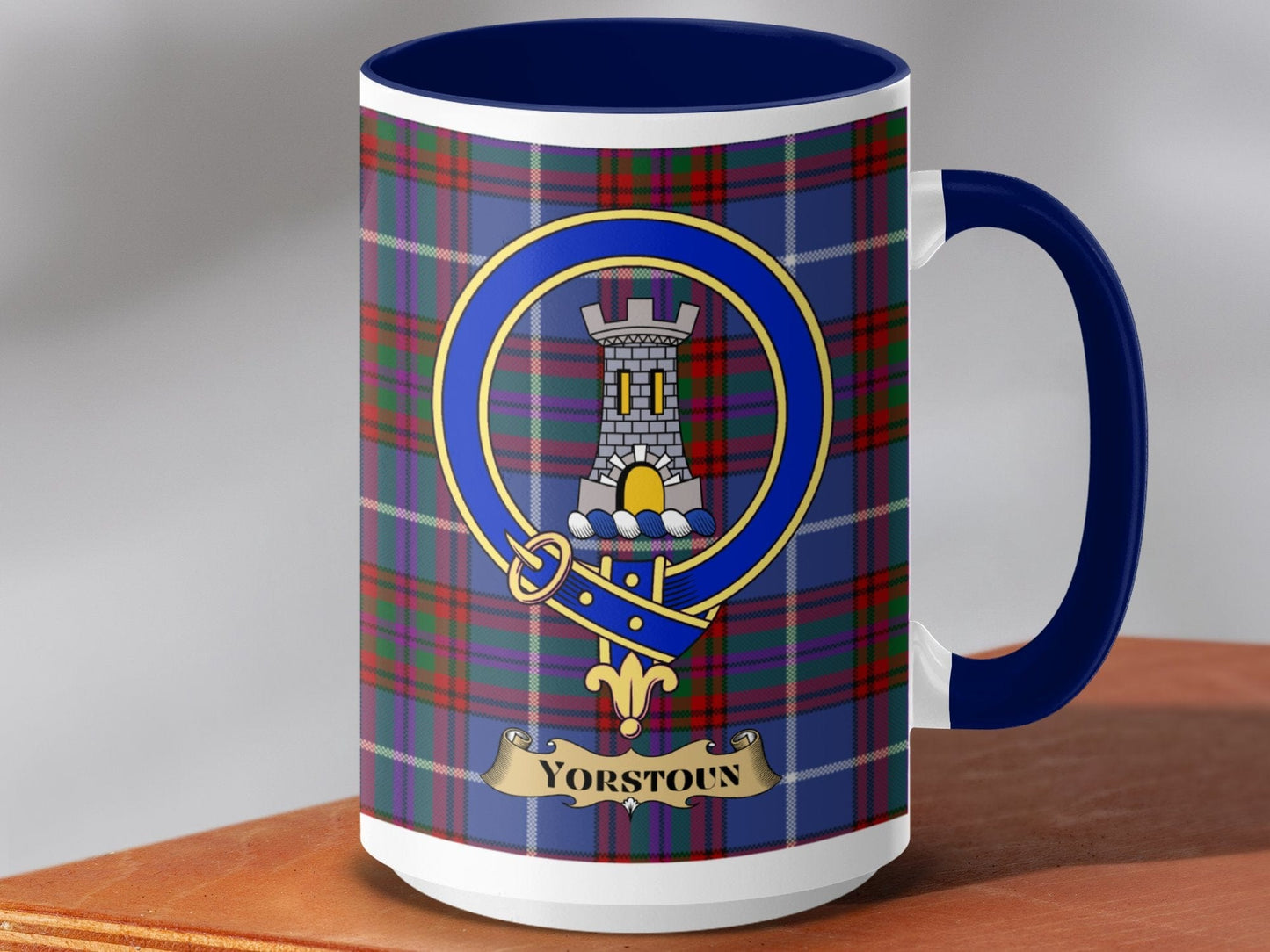 Physical Item 15oz / Dark Blue Yorstoun Clan Scottish Tartan Crest Mug