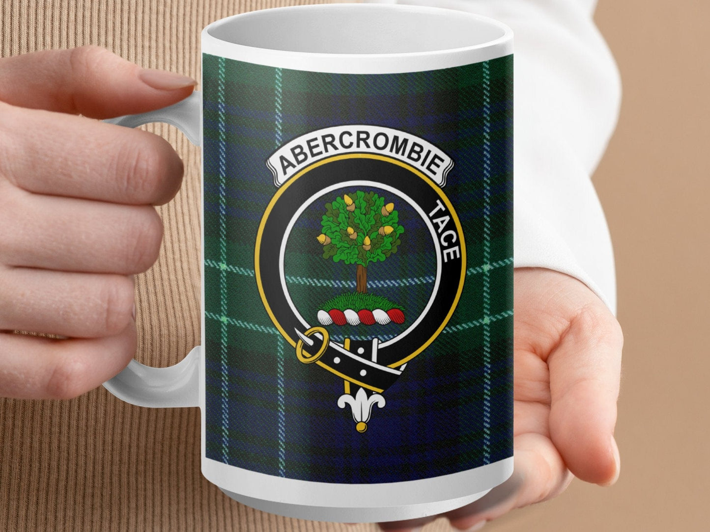 Physical Item 15oz / White Abercrombie Clan Scottish Tartan Crest Mug