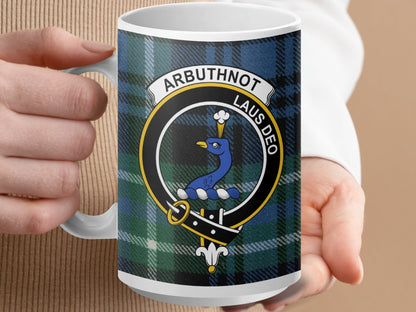 Physical Item 15oz / White Arbuthnot Clan Crest Tartan Scottish Mug