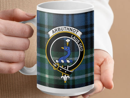 Physical Item 15oz / White Arbuthnot Clan Crest Tartan Scottish Mug