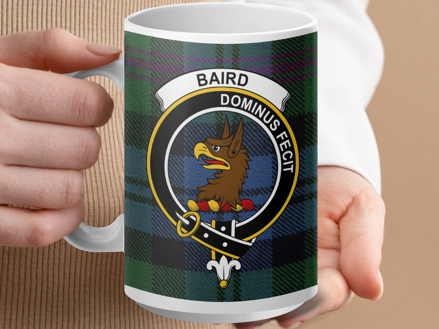 Physical Item 15oz / White Baird Clan Crest Tartan Scottish Mug