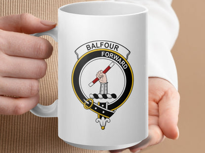 Physical Item 15oz / White Balfour Clan Crest Tartan Scottish Mug