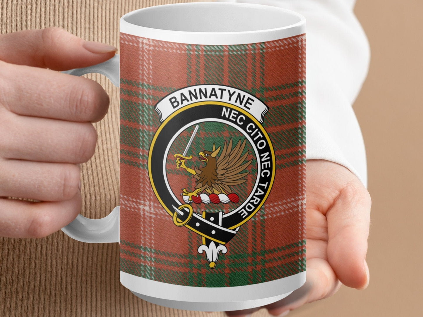 Physical Item 15oz / White Bannatyne Clan Crest Tartan Scottish Mug