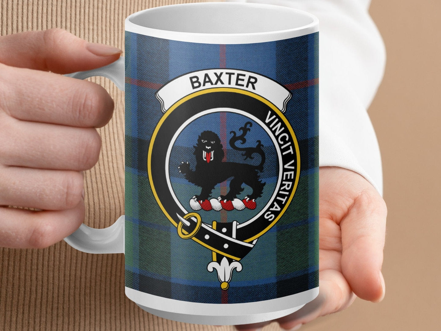 Physical Item 15oz / White Baxter Clan Crest Tartan Scottish Mug