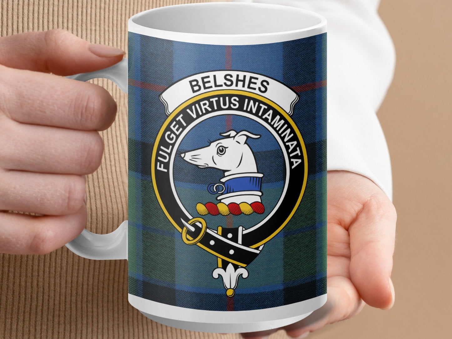 Physical Item 15oz / White Belshes Clan Crest Tartan Scottish Mug