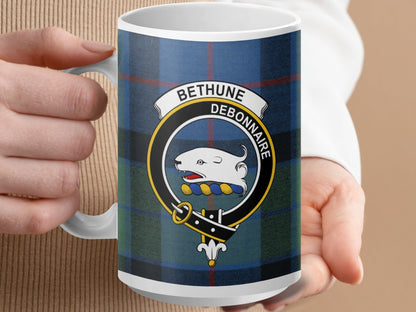 Physical Item 15oz / White Bethune Clan Crest Tartan Scottish Mug