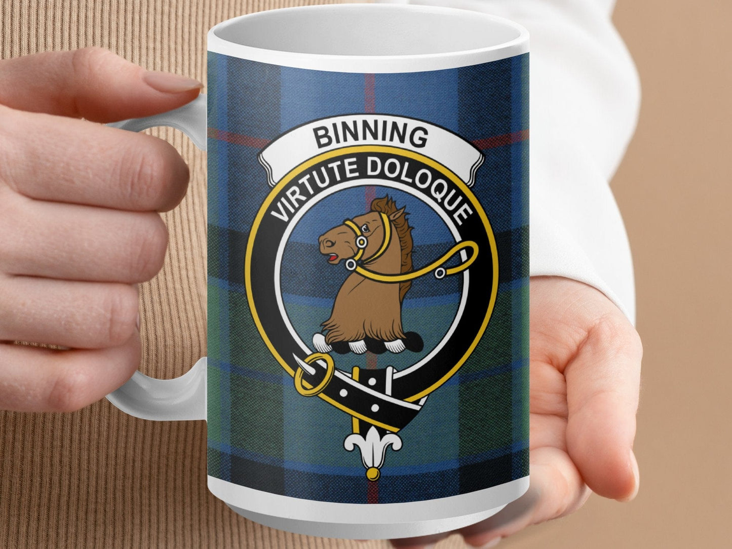 Physical Item 15oz / White Binning Clan Scottish Tartan Mug