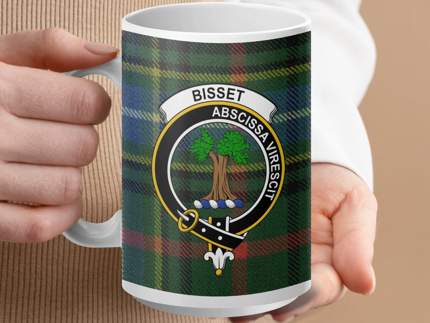 Physical Item 15oz / White Bisset Clan Crest Tartan Scottish Mug