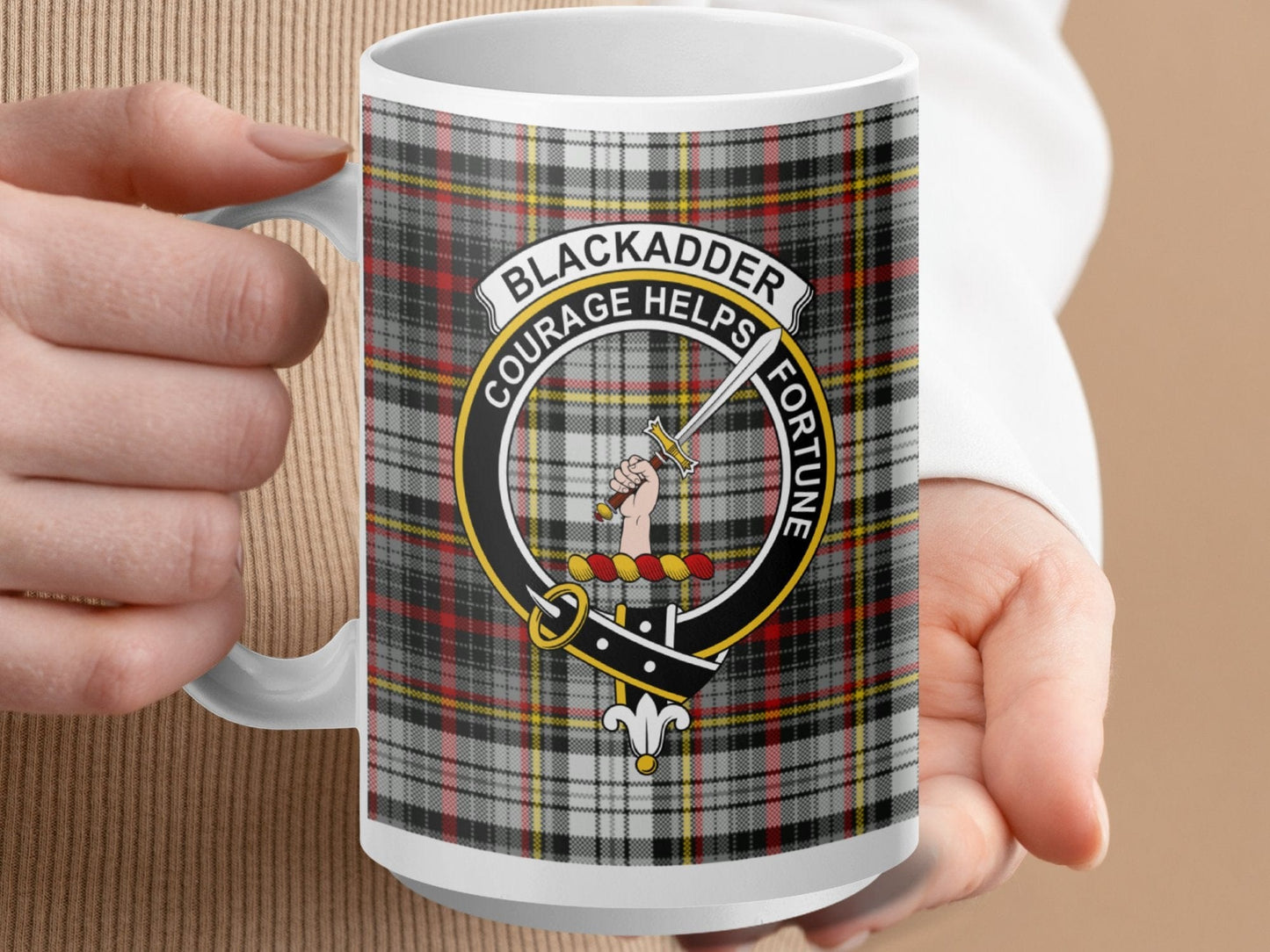 Physical Item 15oz / White Blackadder Clan Scottish Tartan Crest Mug