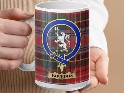 Physical Item 15oz / White Bourdon Clan Scottish Tartan Crest Mug