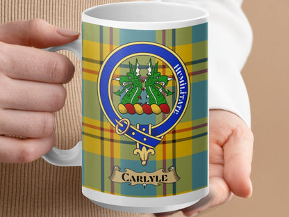 Physical Item 15oz / White Carlyle Clan Scottish Tartan Crest Mug