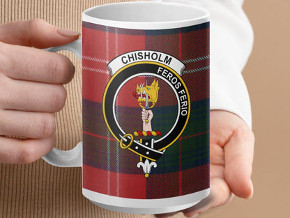 Physical Item 15oz / White Chisholm Clan Scottish Tartan Crest Mug