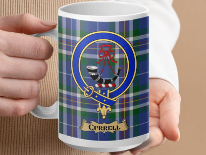 Physical Item 15oz / White Currell Clan Scottish Tartan Crest Mug