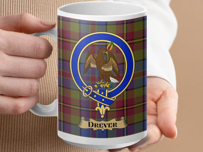 Physical Item 15oz / White Drever Clan Scottish Tartan Crest Mug