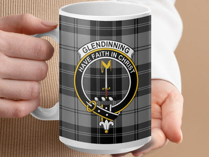 Physical Item 15oz / White Glendinning Clan Crest Tartan Scottish Mug