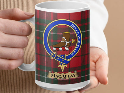 Physical Item 15oz / White MacAulay Clan Scottish Tartan Crest Mug