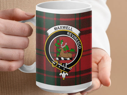 Physical Item 15oz / White Maxwell Clan Crest Tartan Scottish Mug