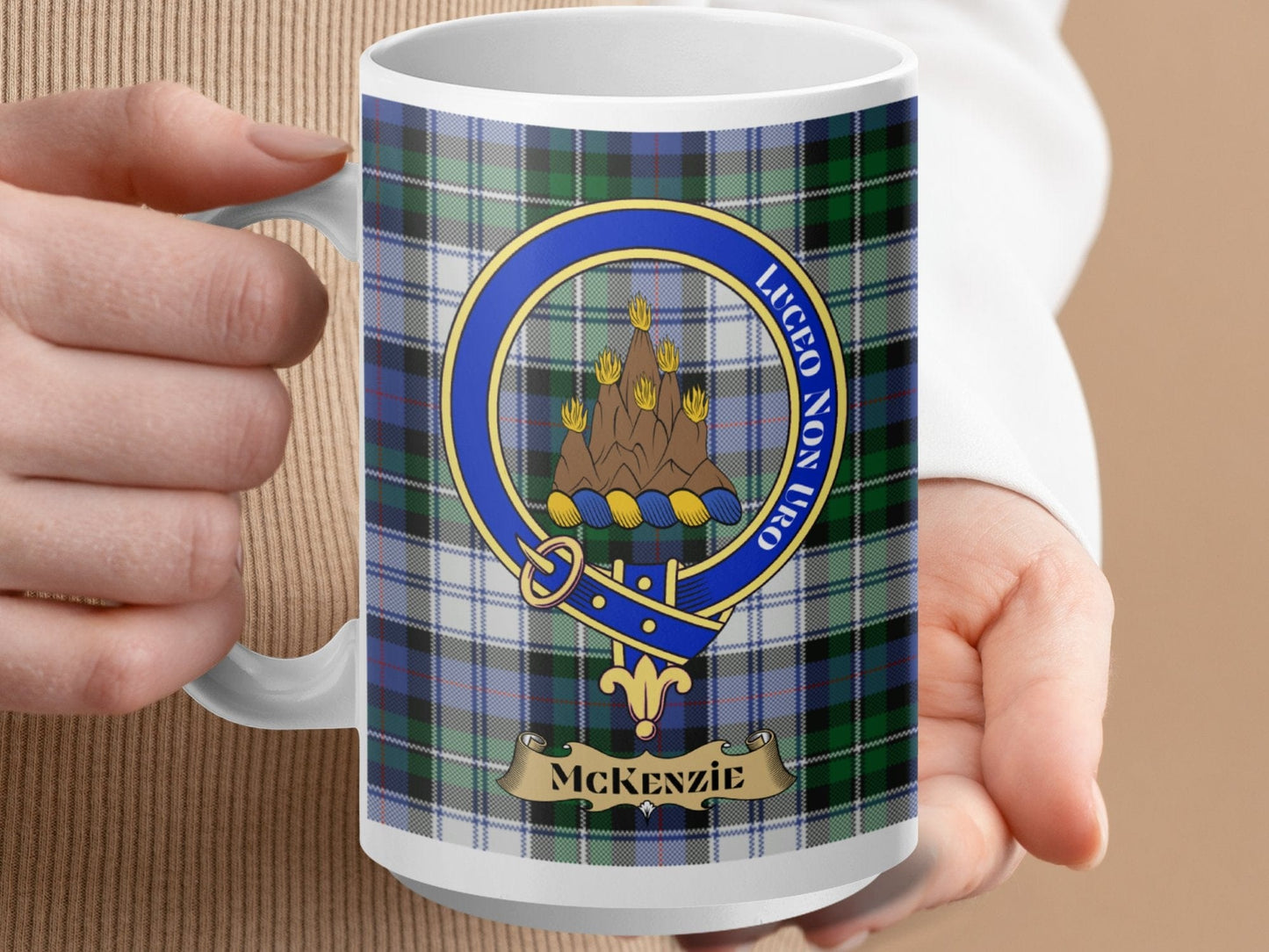 Physical Item 15oz / White McKenzie Clan Scottish Tartan Crest Mug