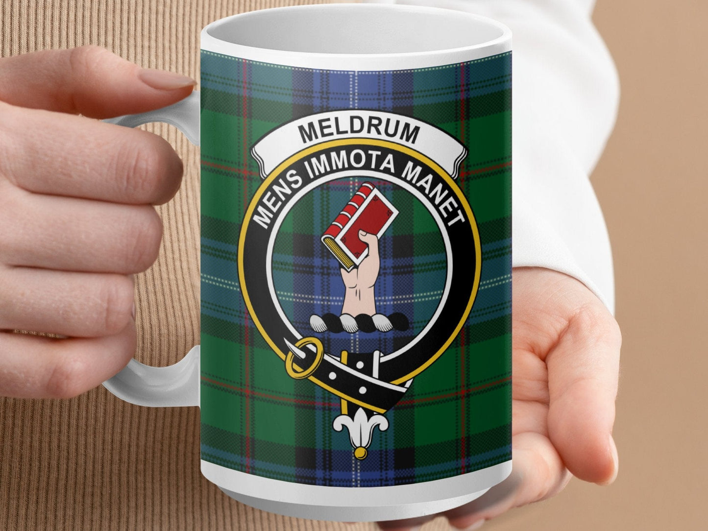 Physical Item 15oz / White Meldrum Clan Scottish Tartan Plaid Crest Mug