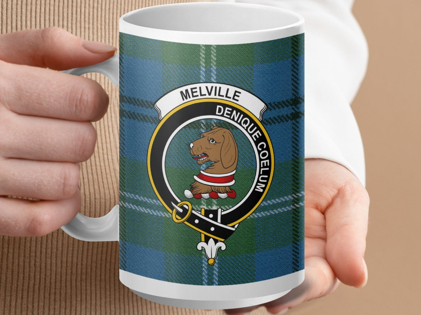 Physical Item 15oz / White Melville Clan Crest Tartan Scottish Mug