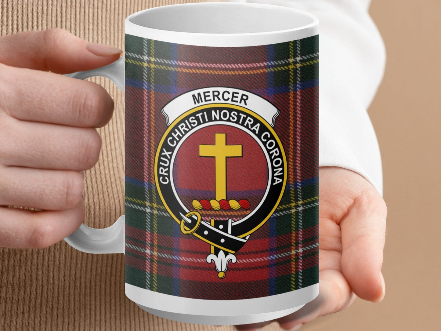 Physical Item 15oz / White Mercer Clan Crest Tartan Scottish Mug