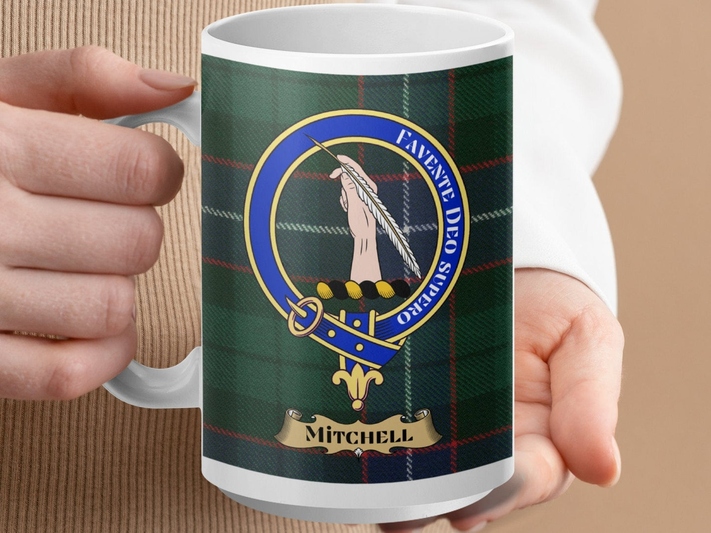 Physical Item 15oz / White Mitchell Clan Scottish Tartan Crest Mug