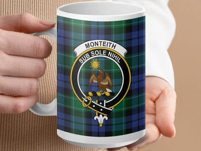 Physical Item 15oz / White Monteith Clan Crest Tartan Scottish Mug