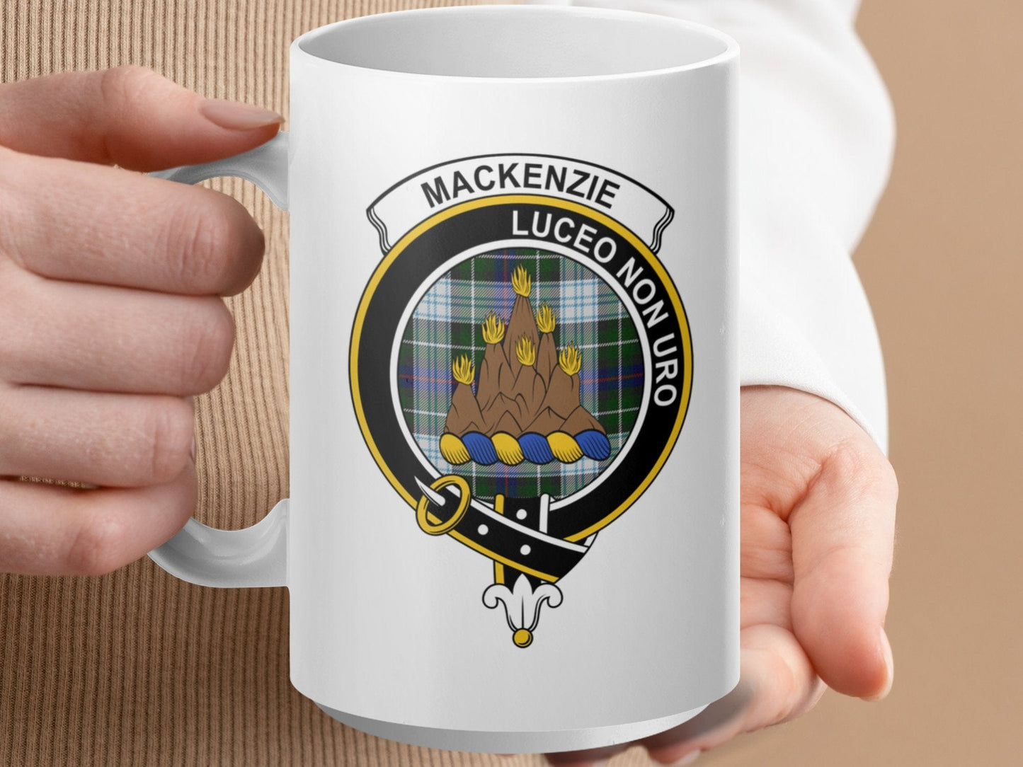 Physical Item 15oz White Mug / White / 15oz Mackenzie Clan Crest Tartan Background Two Sided Mugs