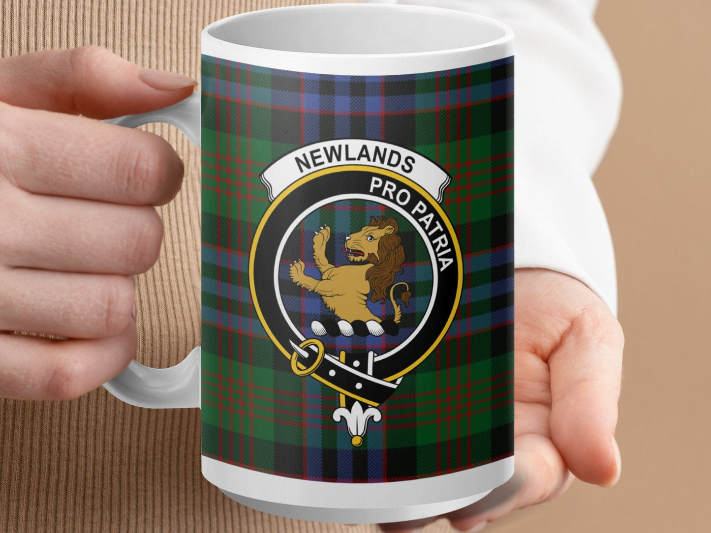 Physical Item 15oz / White Newlands Clan Crest Tartan Scottish Mug