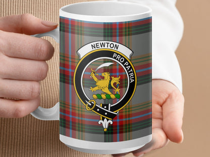 Physical Item 15oz / White Newton Clan Crest Tartan Scottish Mug