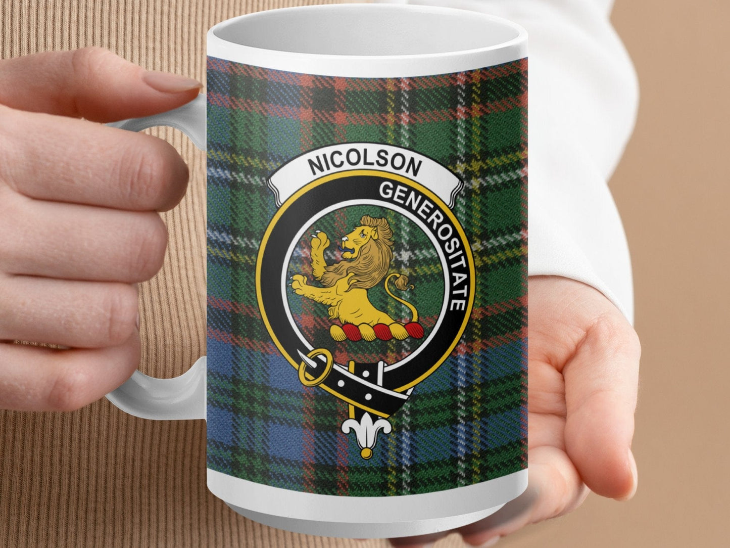 Physical Item 15oz / White Nicolson Clan Crest Tartan Scottish Mug