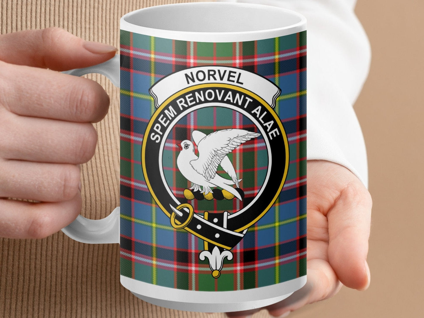 Physical Item 15oz / White Norvel Clan Scottish Tartan Mug