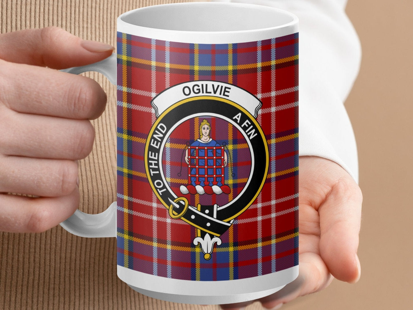 Physical Item 15oz / White Ogilvie Clan Crest Tartan Scottish Mug