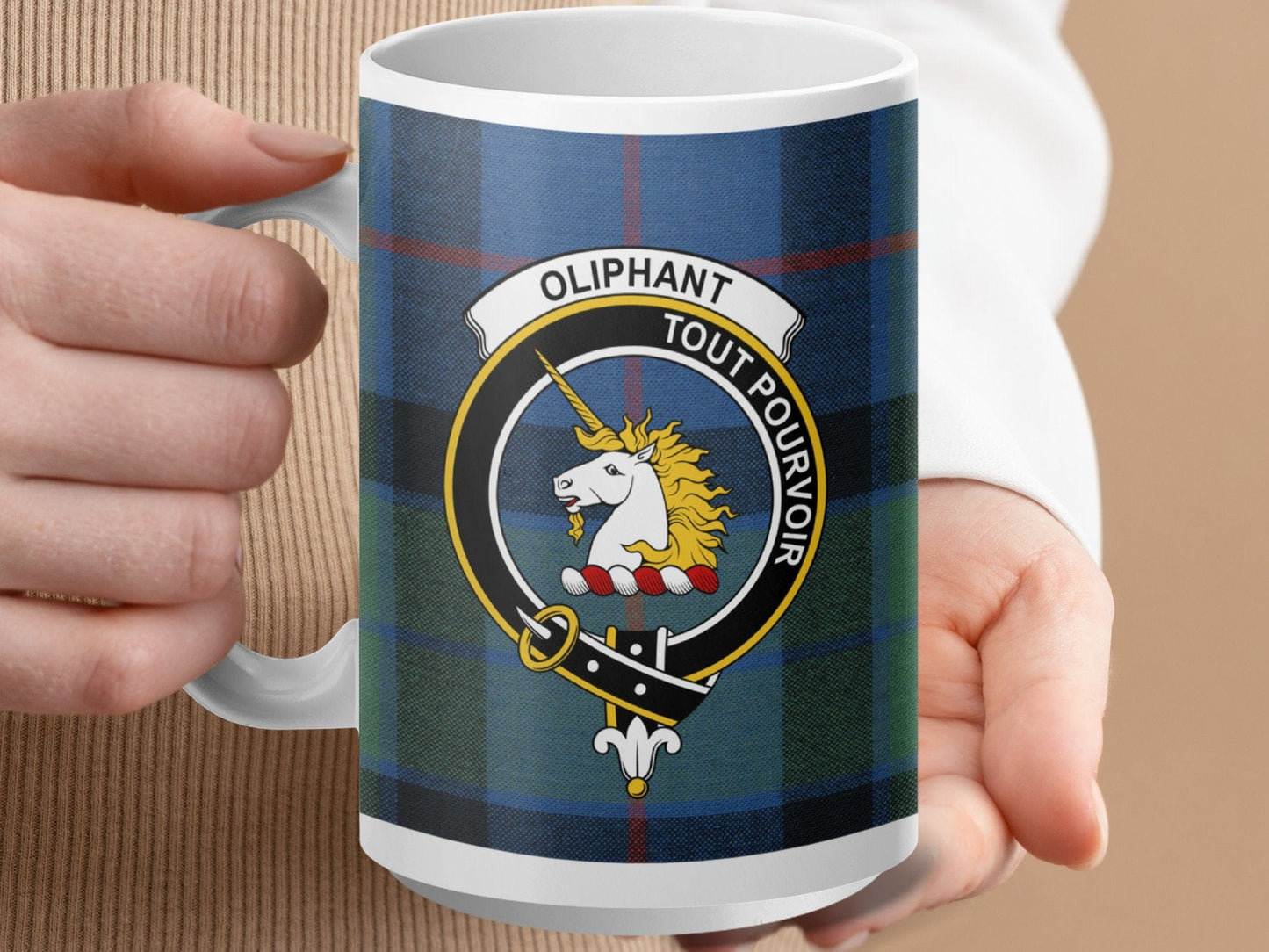 Physical Item 15oz / White Oliphant Clan Crest Tartan Scottish Mug