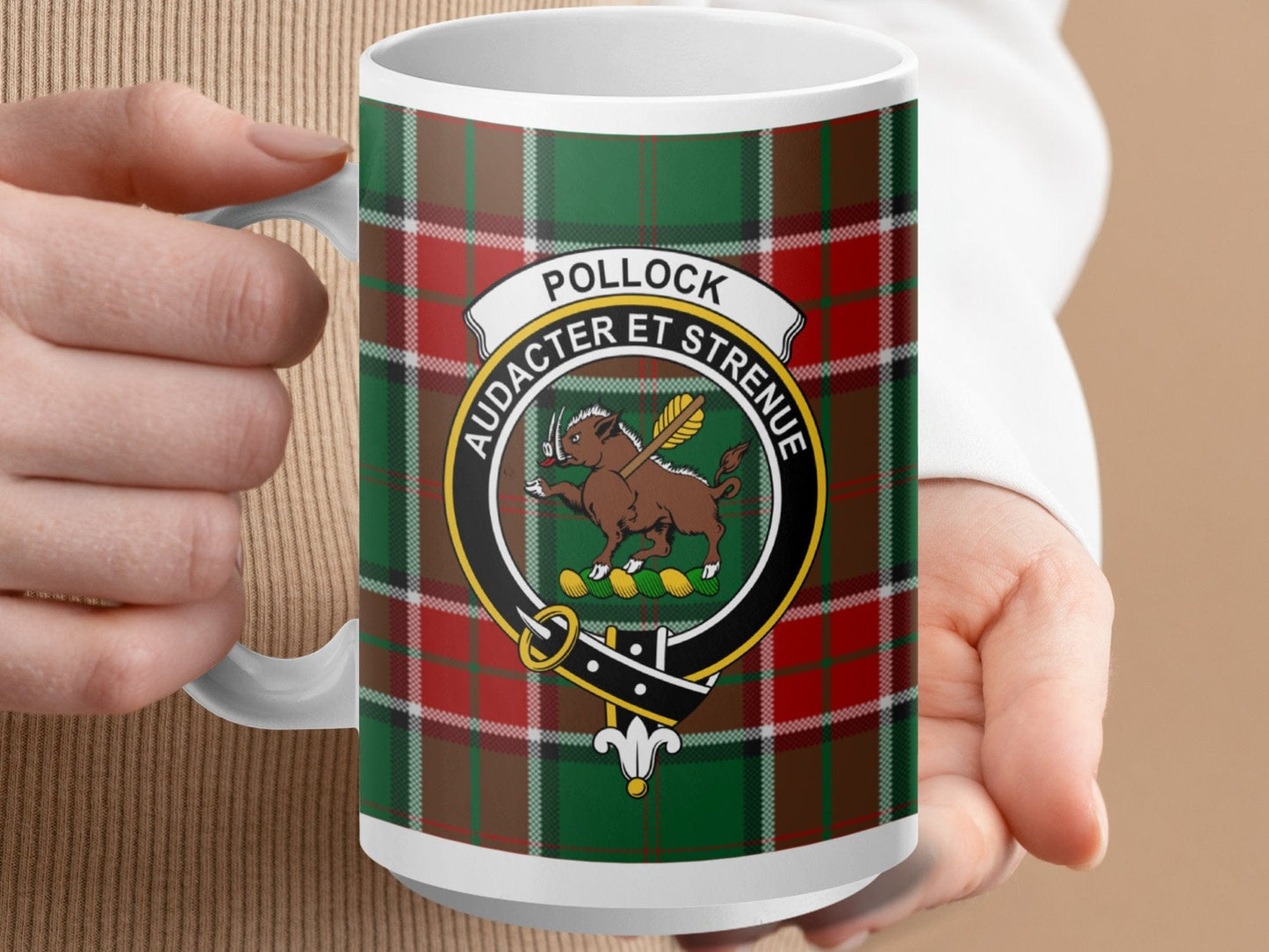 Physical Item 15oz / White Pollock Clan Crest Tartan Scottish Mug