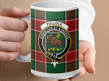 Physical Item 15oz / White Pollock Clan Crest Tartan Scottish Mug