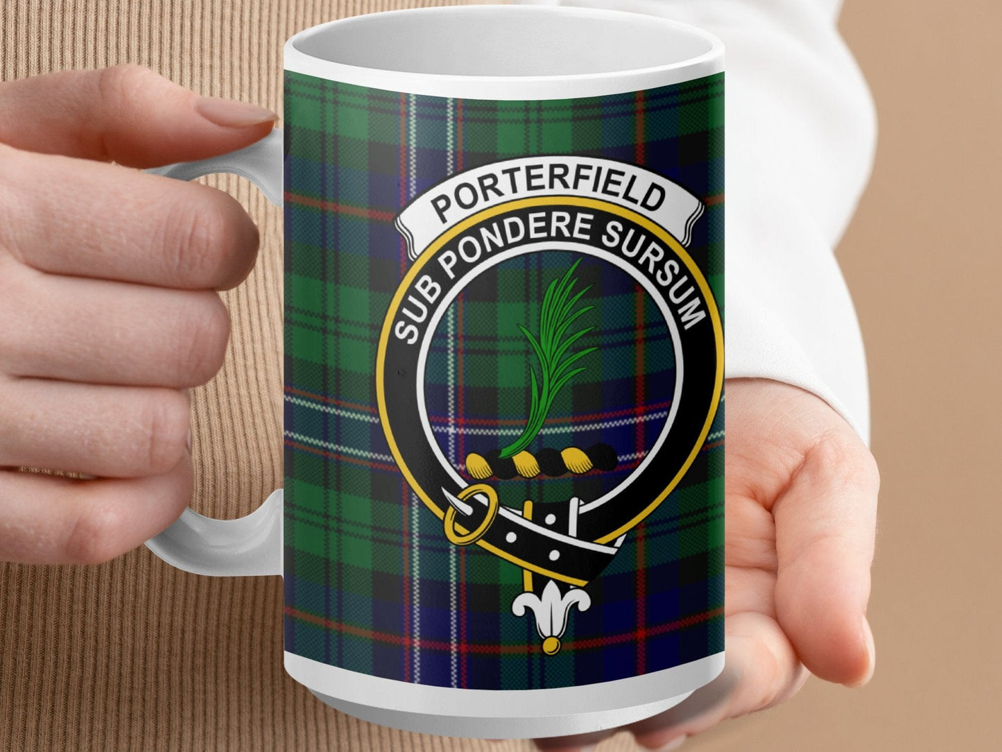 Physical Item 15oz / White Porterfield Clan Crest Tartan Scottish Mug