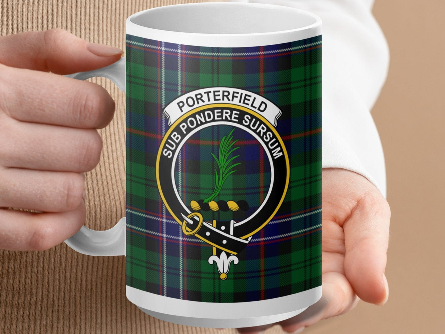 Physical Item 15oz / White Porterfield Clan Crest Tartan Scottish Mug