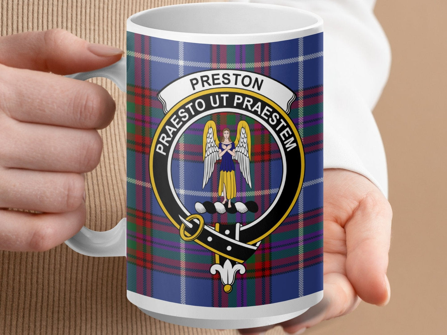 Physical Item 15oz / White Preston Clan Crest Tartan Scottish Mug