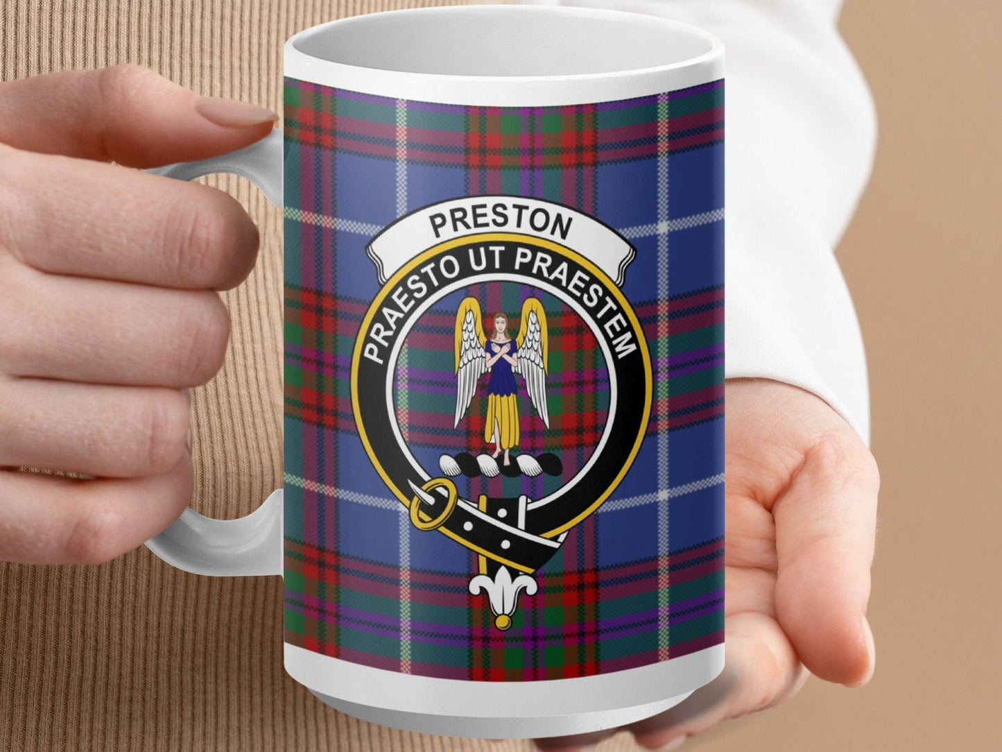 Physical Item 15oz / White Preston Clan Crest Tartan Scottish mug