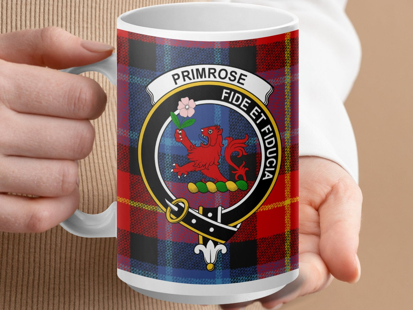 Physical Item 15oz / White Primrose Clan Crest Tartan Scottish Mug