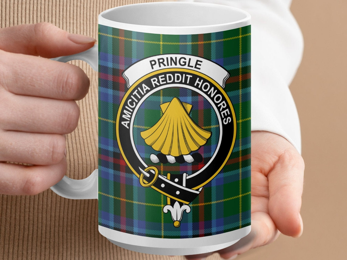 Physical Item 15oz / White Pringle Clan Crest Tartan Scottish Mug